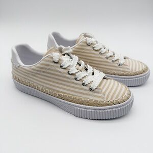 Marc Fisher Spryng Sneakers Tan White Stripe Lace Up Casual 7 NEW